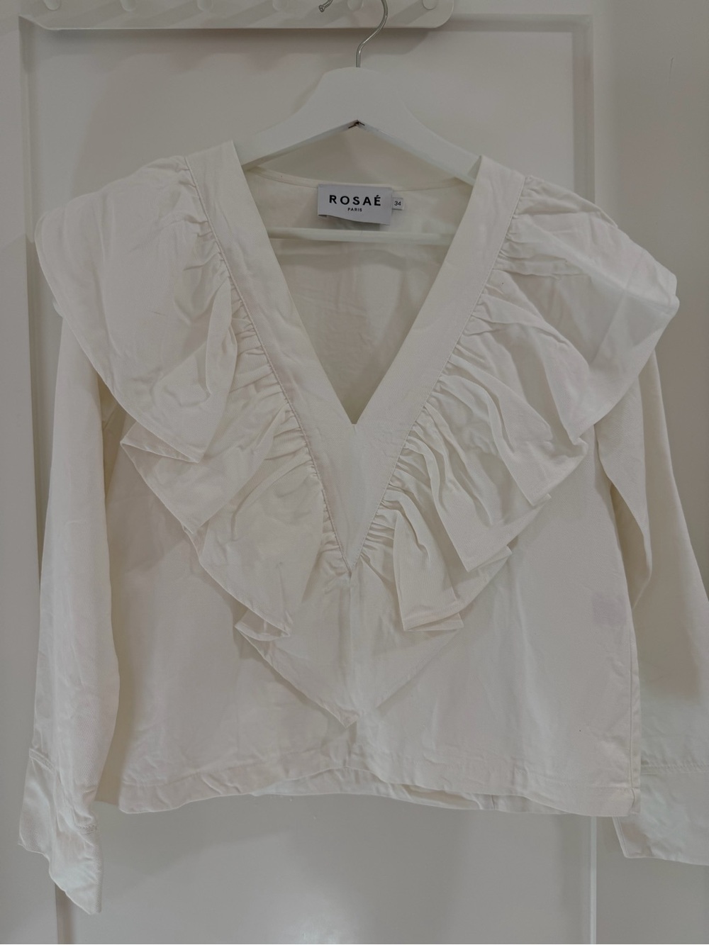 Rosae Paris White Ruffle V-Neck Women's Blouse